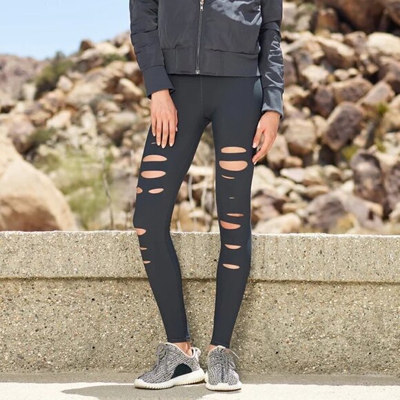 ALO Yoga High Waisted Ripped Warrior Leggings- Anthracite Charcoal Grey - Picture 1 of 11